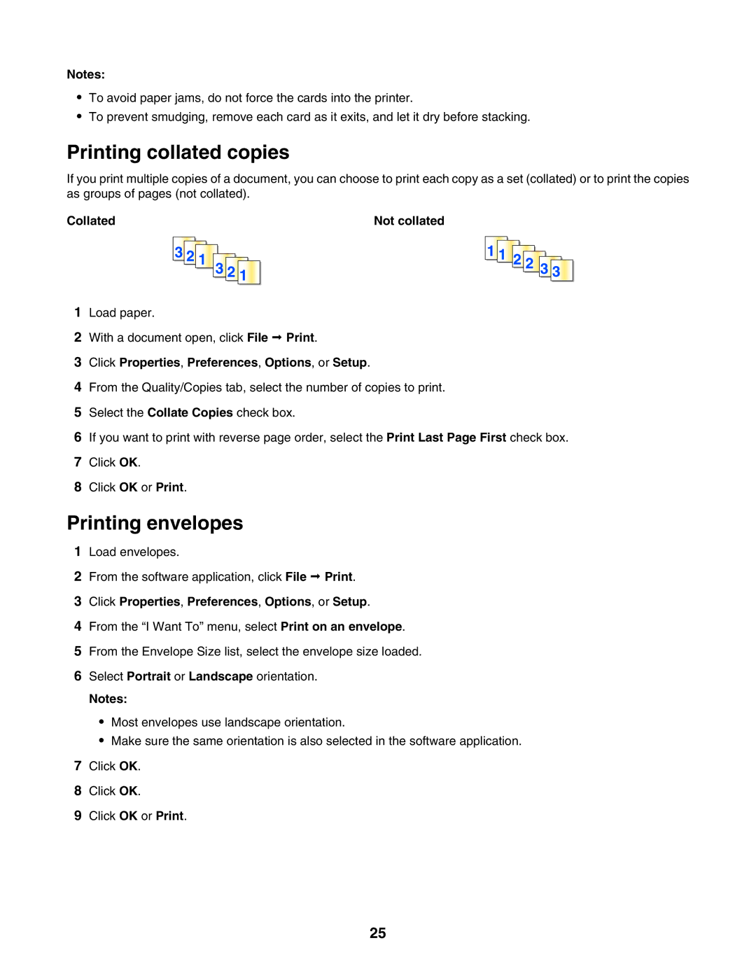 Lexmark 1400 Series manual Printing collated copies, Printing envelopes, Collated Not collated 