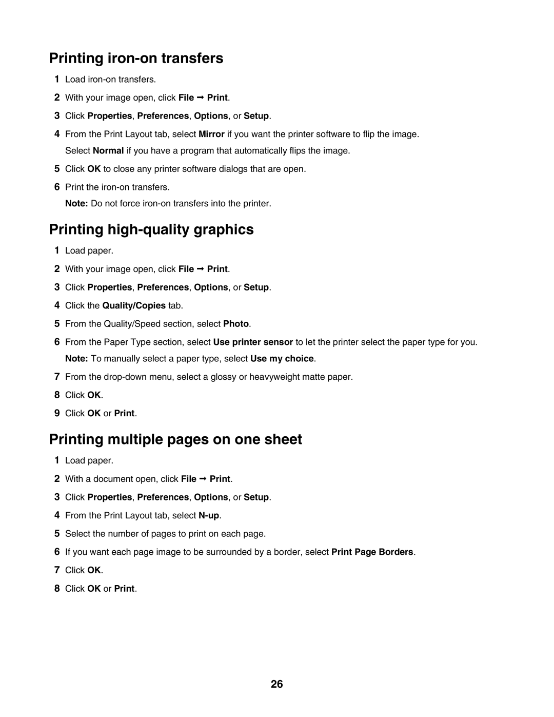 Lexmark 1400 Series manual Printing iron-on transfers, Printing high-quality graphics, Printing multiple pages on one sheet 