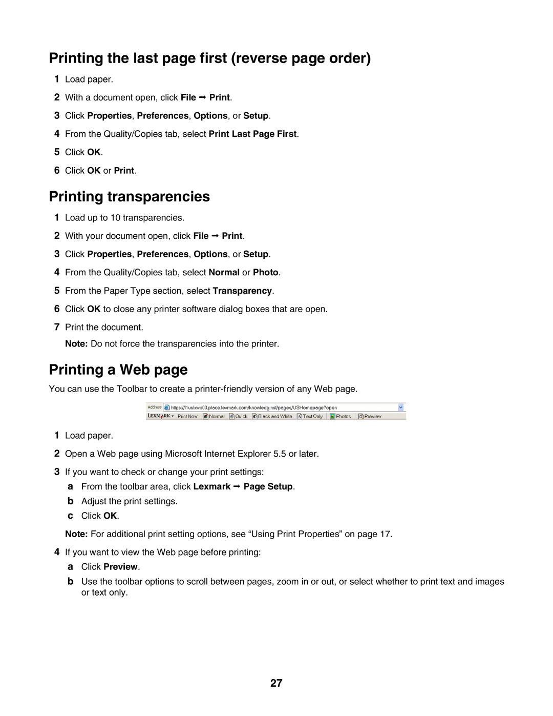 Lexmark 1400 Series manual Printing the last page first reverse page order, Printing transparencies, Printing a Web 