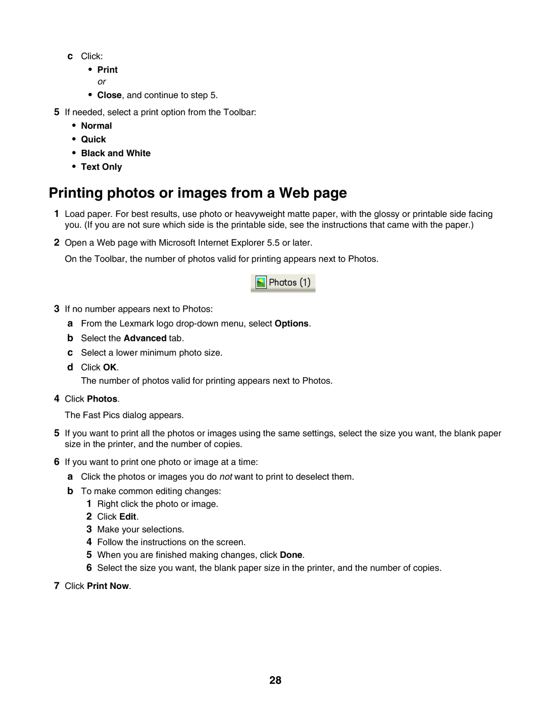 Lexmark 1400 Series manual Printing photos or images from a Web, Print or, Normal Quick Black and White Text Only 