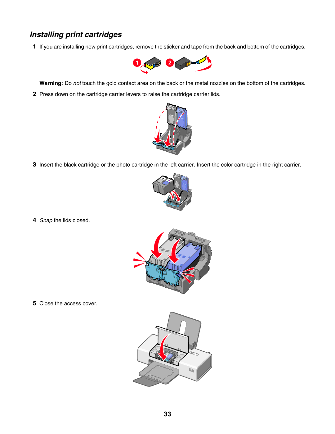 Lexmark 1400 Series manual Installing print cartridges 