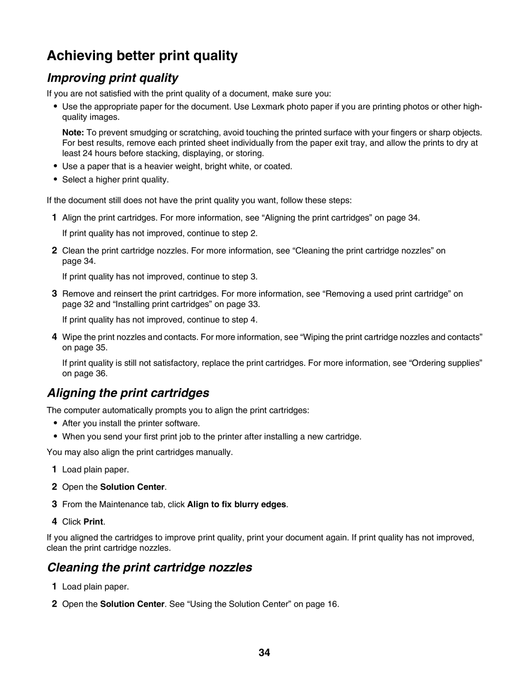 Lexmark 1400 Series manual Achieving better print quality, Improving print quality, Aligning the print cartridges 