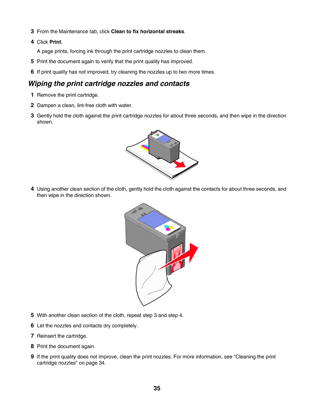 Lexmark 1400 Series manual Wiping the print cartridge nozzles and contacts 