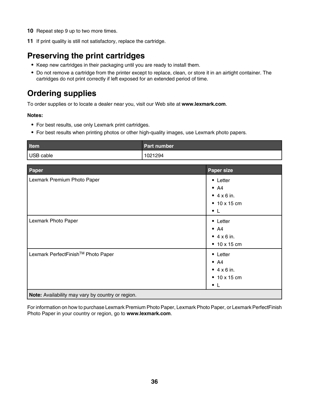 Lexmark 1400 Series manual Preserving the print cartridges, Ordering supplies, Part number, Paper size 