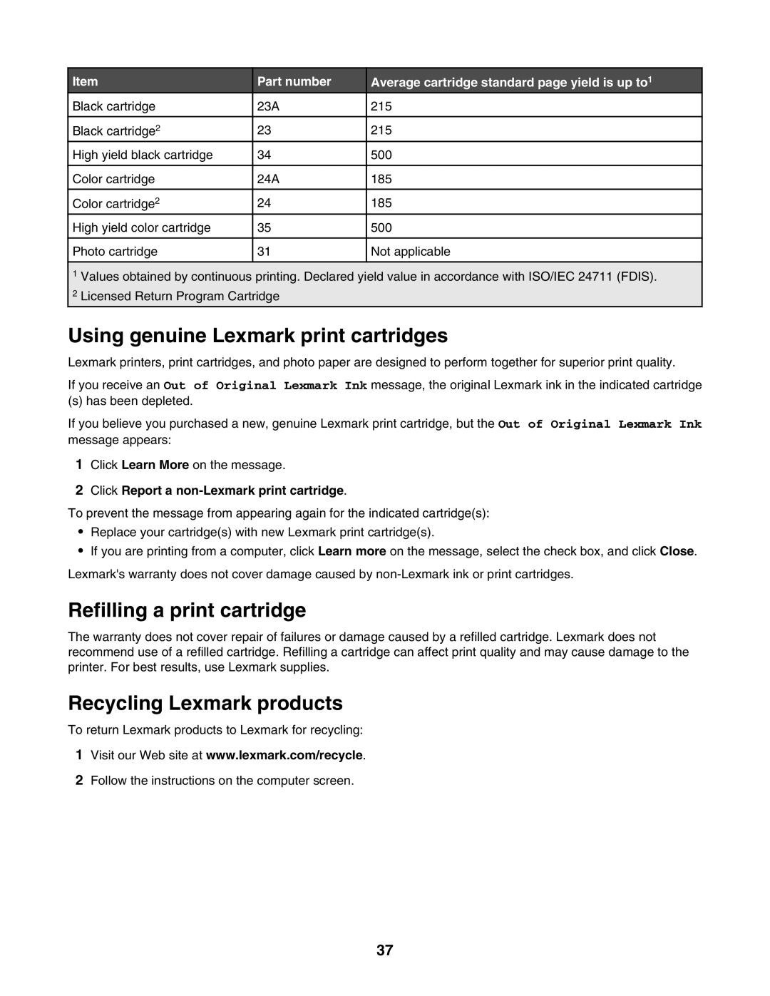 Lexmark 1400 Series manual Using genuine Lexmark print cartridges, Refilling a print cartridge, Recycling Lexmark products 