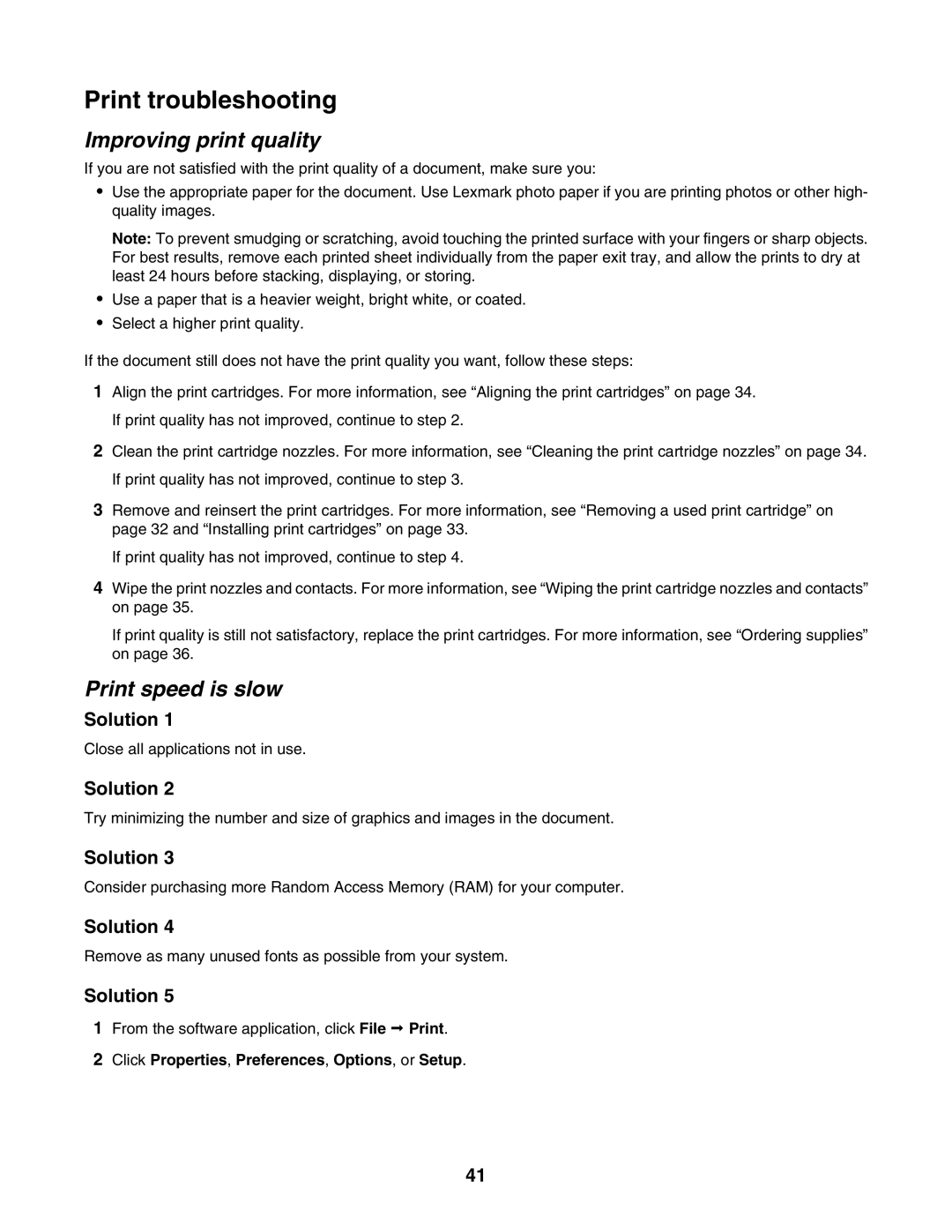 Lexmark 1400 Series manual Print troubleshooting, Print speed is slow 