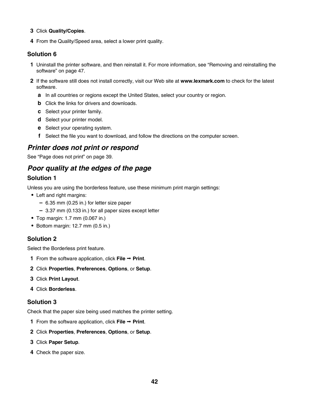 Lexmark 1400 Series manual Printer does not print or respond, Poor quality at the edges, Click Quality/Copies 