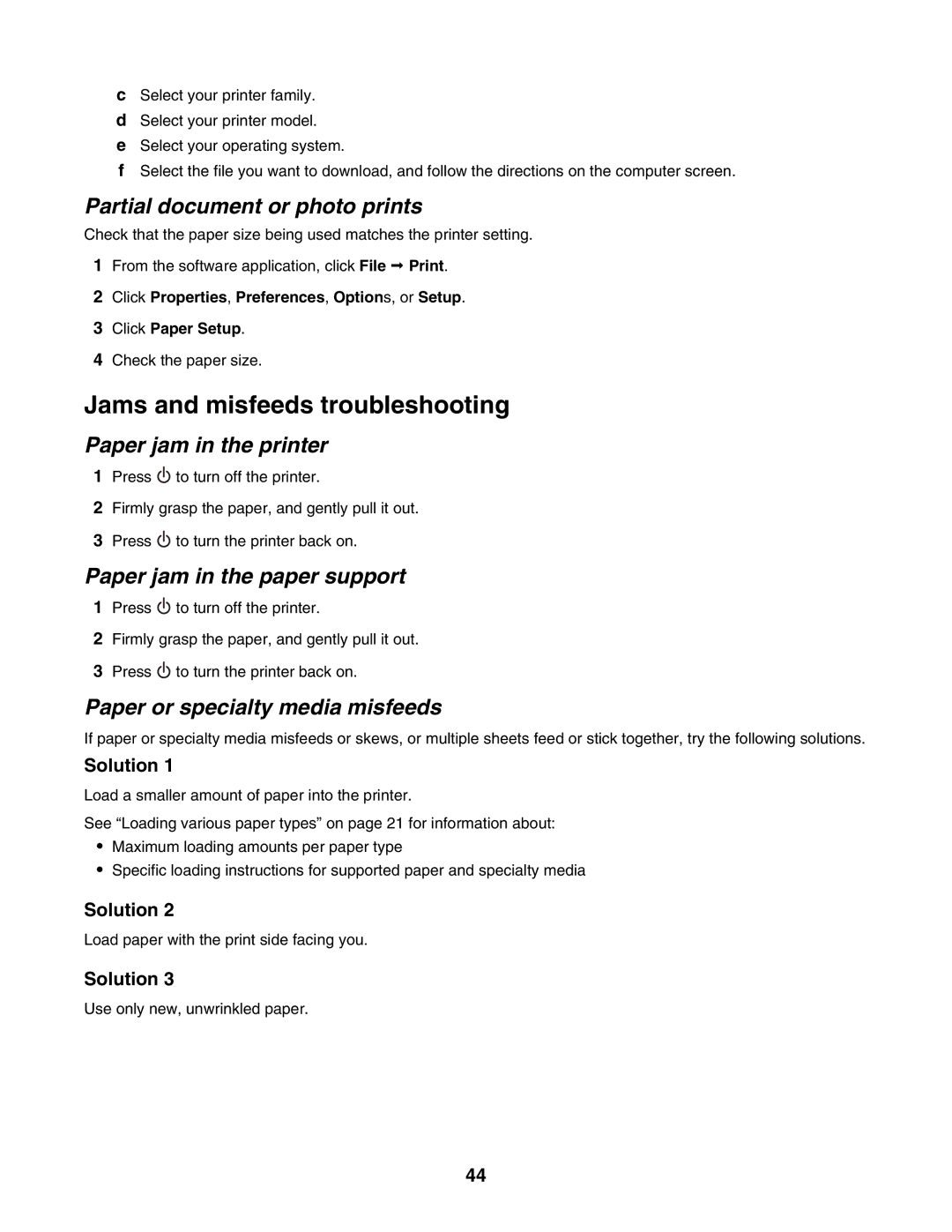 Lexmark 1400 Series manual Jams and misfeeds troubleshooting, Partial document or photo prints, Paper jam in the printer 