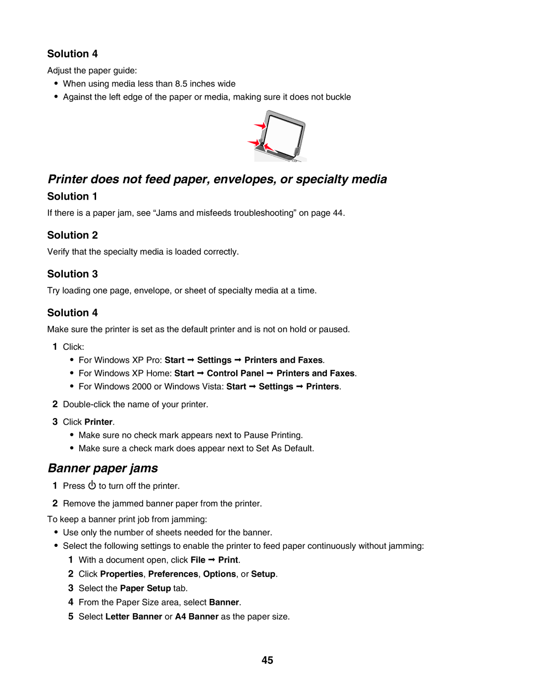 Lexmark 1400 Series manual Printer does not feed paper, envelopes, or specialty media, Banner paper jams 