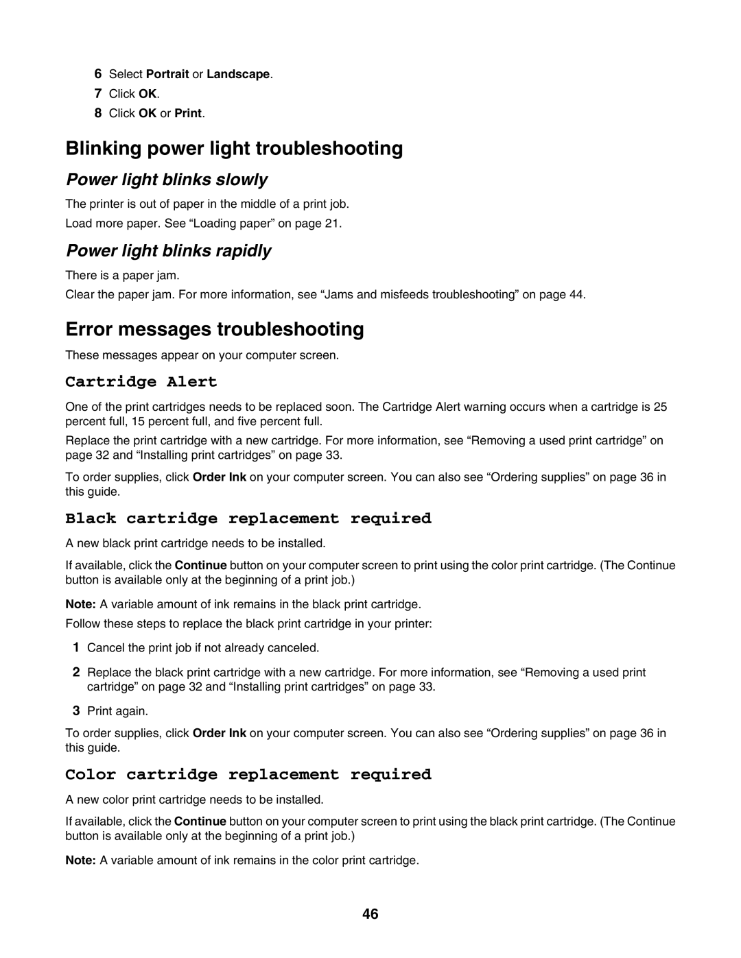 Lexmark 1400 Series manual Blinking power light troubleshooting, Error messages troubleshooting, Power light blinks slowly 