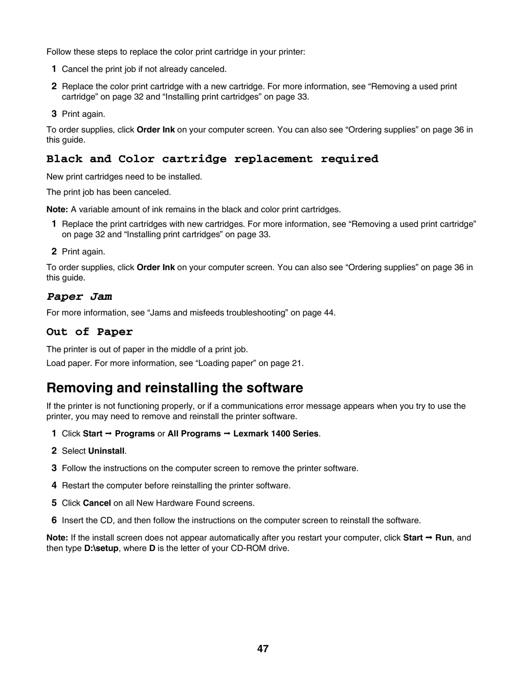 Lexmark 1400 Series manual Removing and reinstalling the software, Black and Color cartridge replacement required 