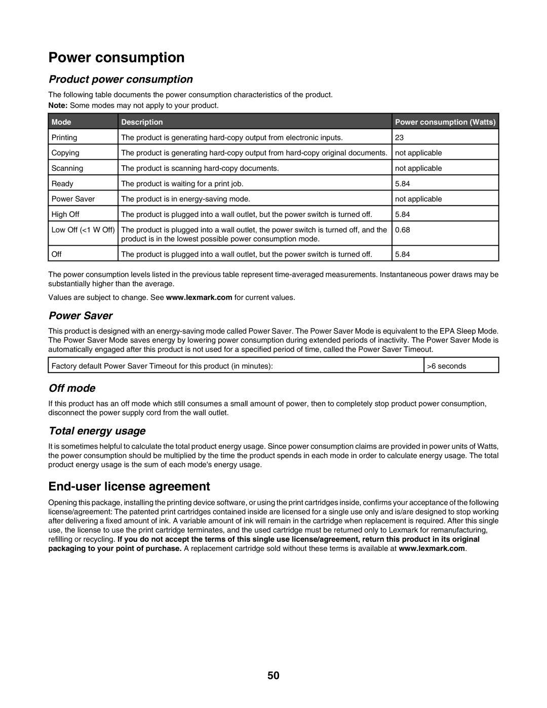 Lexmark 1400 Series manual Power consumption, Product power consumption 