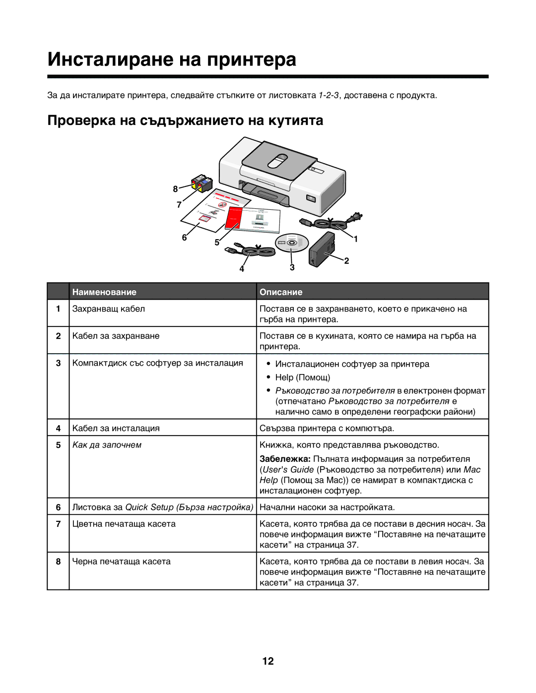 Lexmark 1400 manual Инсталиране на принтера, Проверка на съдържанието на кутията, Наименование Описание 