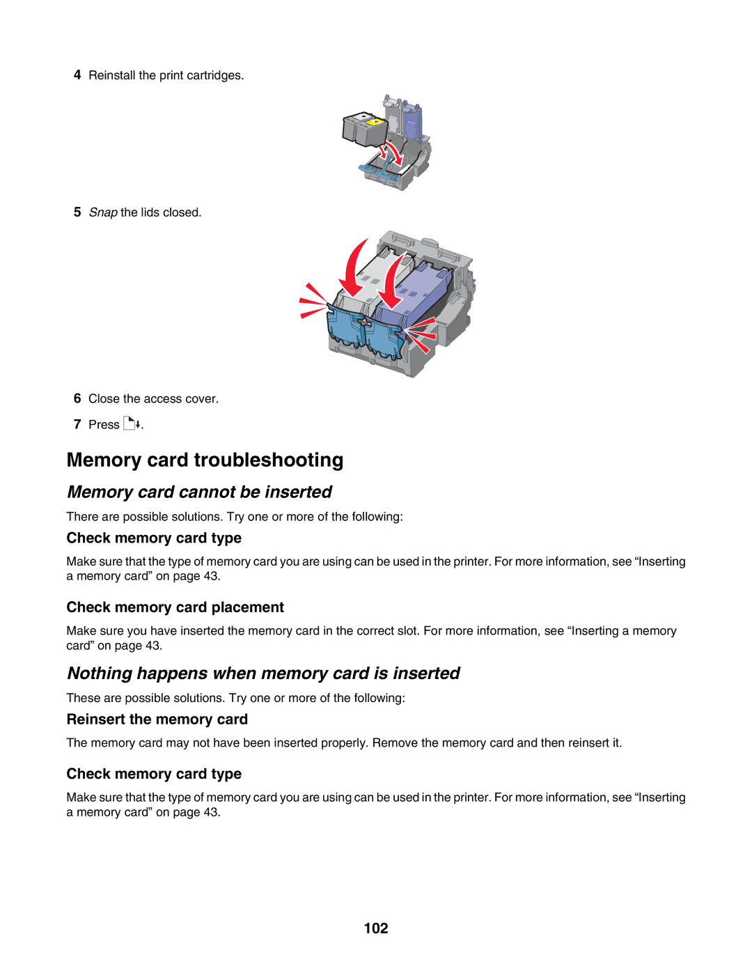 Lexmark 1500 Series manual Memory card troubleshooting, Memory card cannot be inserted 