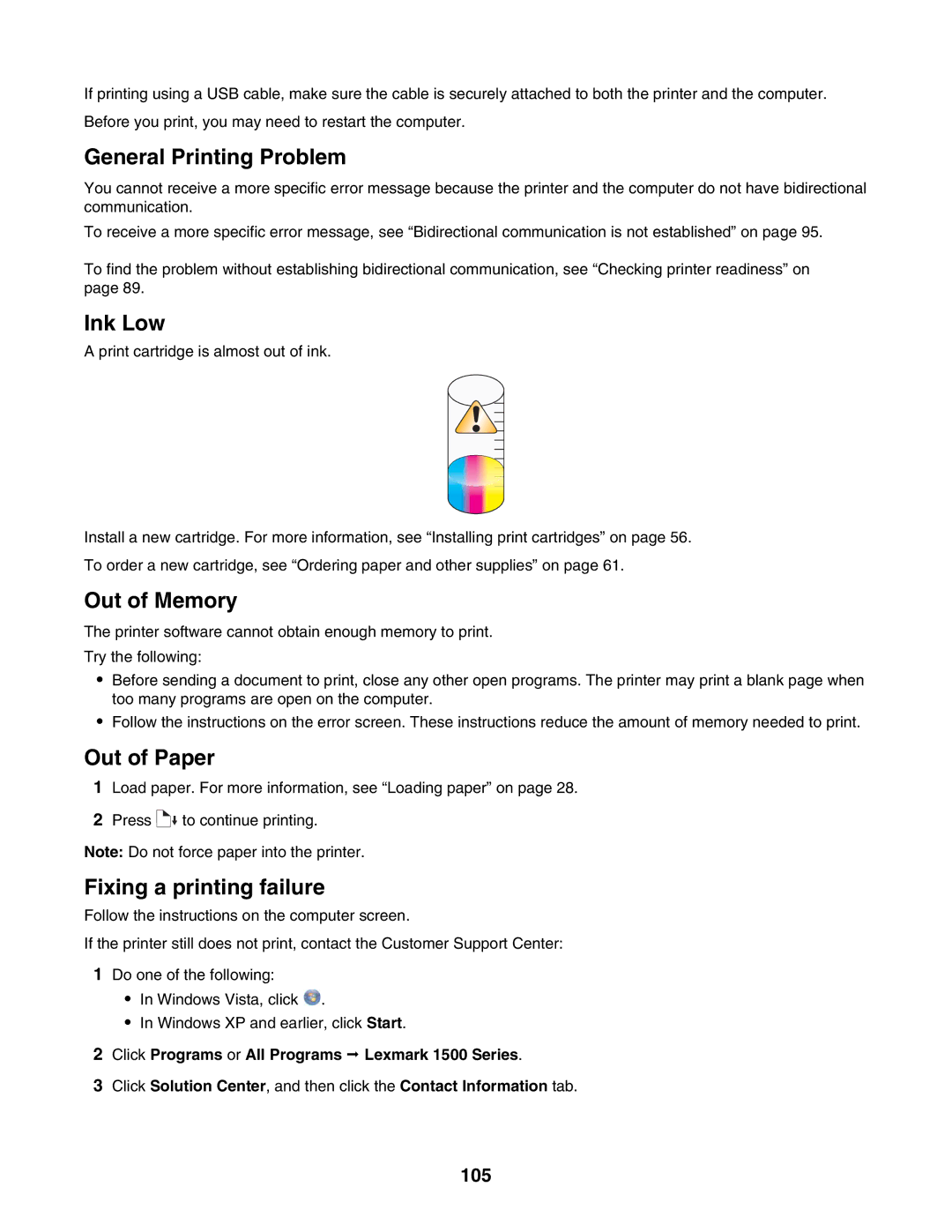 Lexmark 1500 Series manual General Printing Problem, 105 