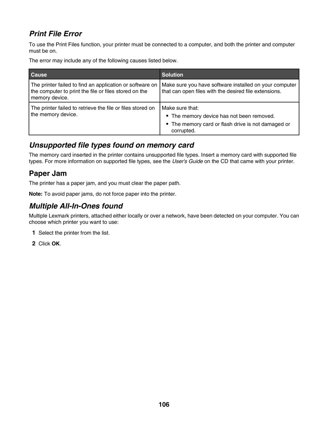 Lexmark 1500 Series manual Print File Error, Unsupported file types found on memory card, Multiple All-In-Ones found, 106 