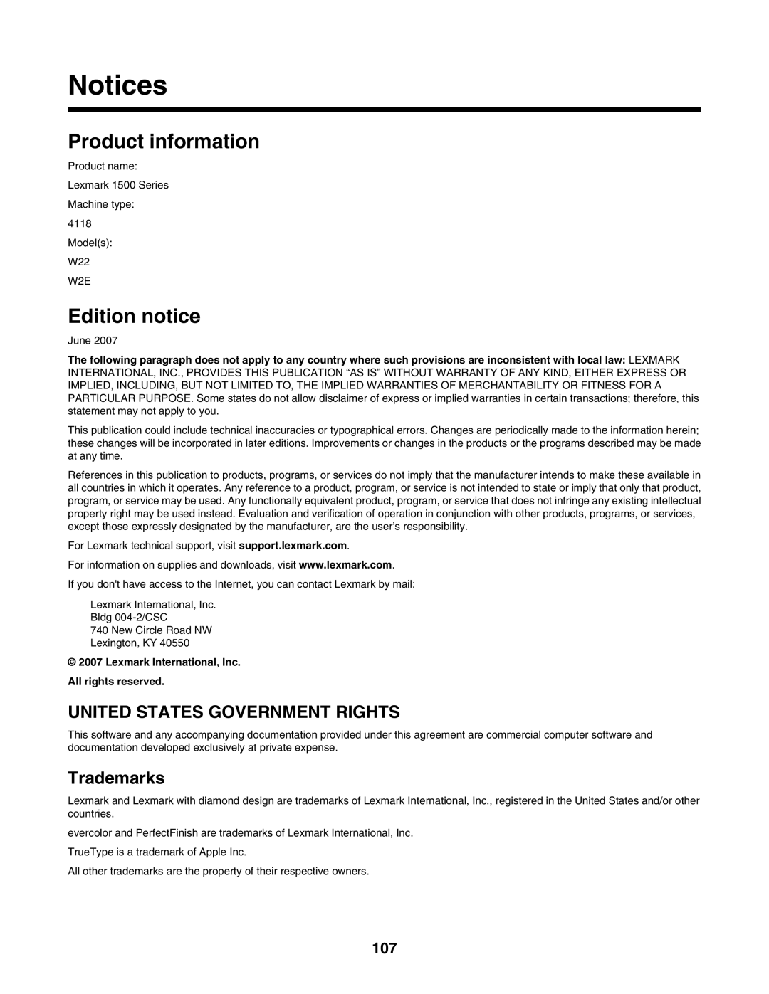 Lexmark 1500 Series manual Product information, Edition notice, 107 