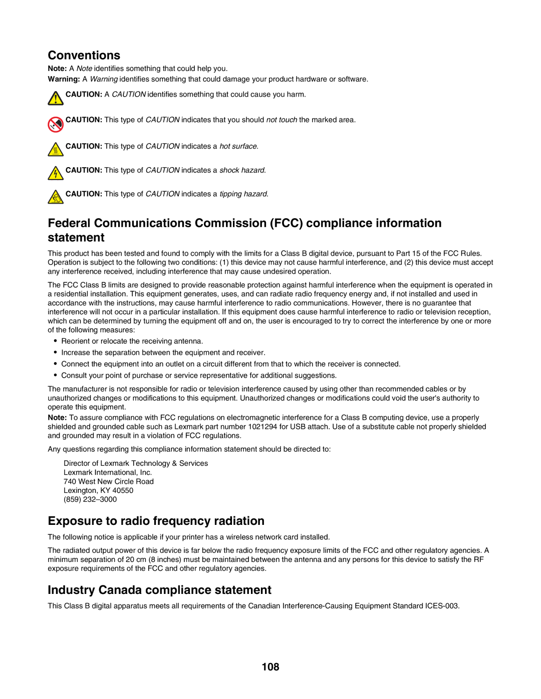 Lexmark 1500 Series manual Exposure to radio frequency radiation, 108 