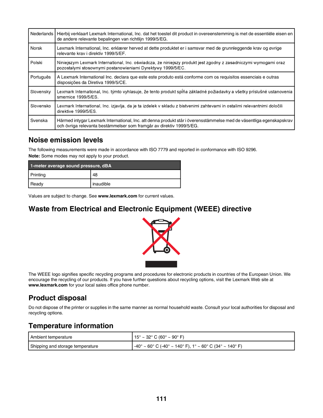 Lexmark 1500 Series manual Noise emission levels, 111 