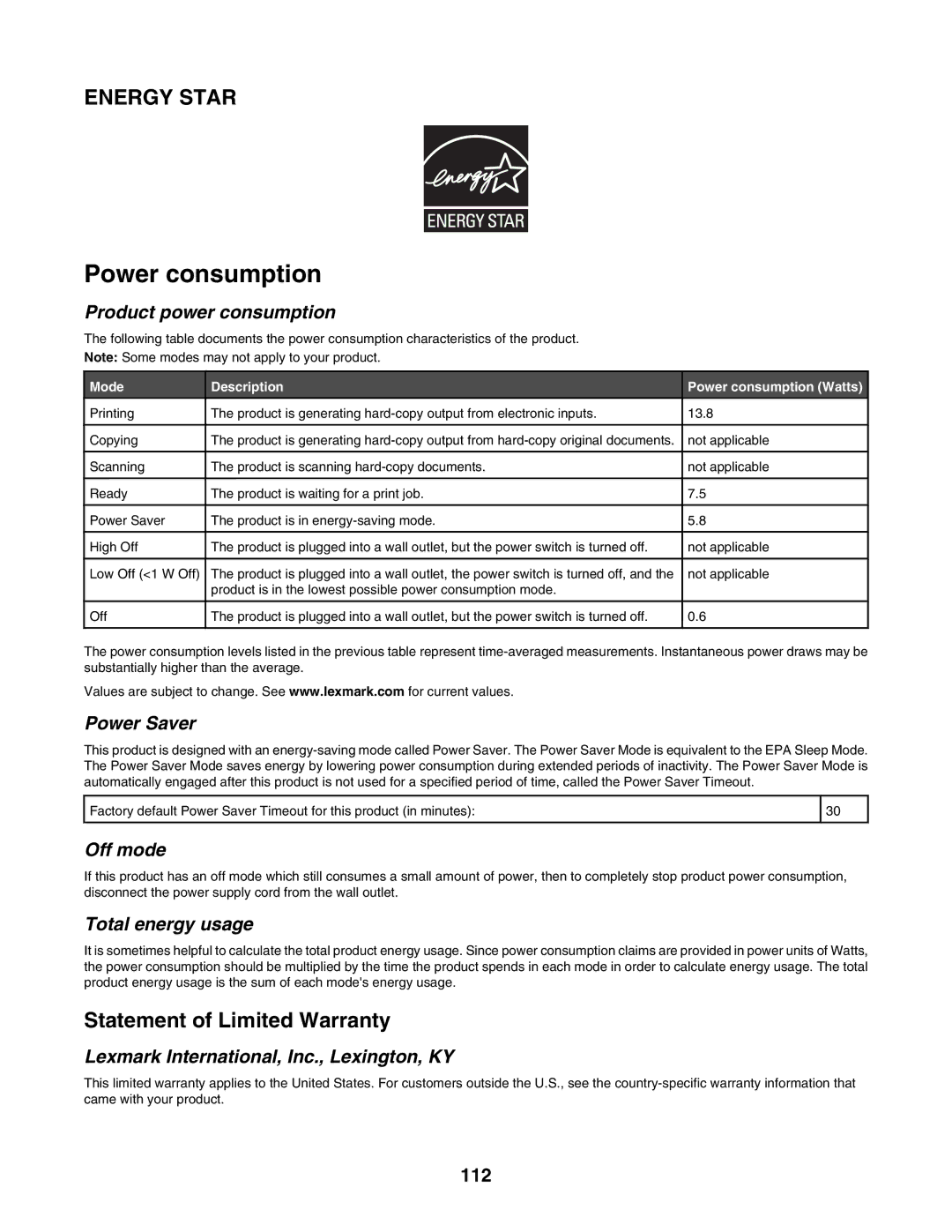 Lexmark 1500 Series manual Power consumption, 112 