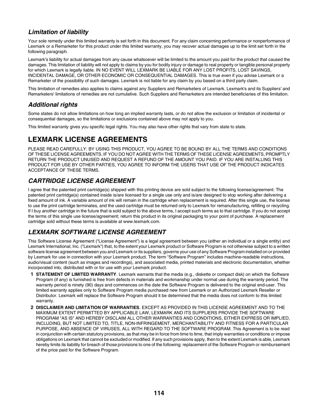 Lexmark 1500 Series manual Limitation of liability, 114 