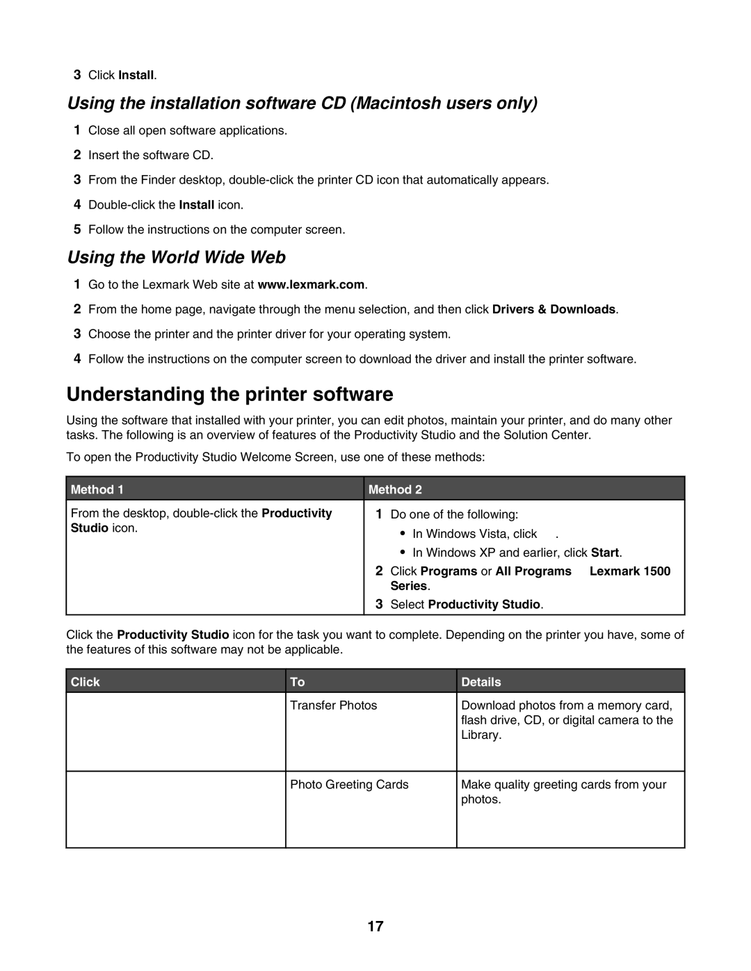 Lexmark 1500 Series Understanding the printer software, Using the installation software CD Macintosh users only, Method 