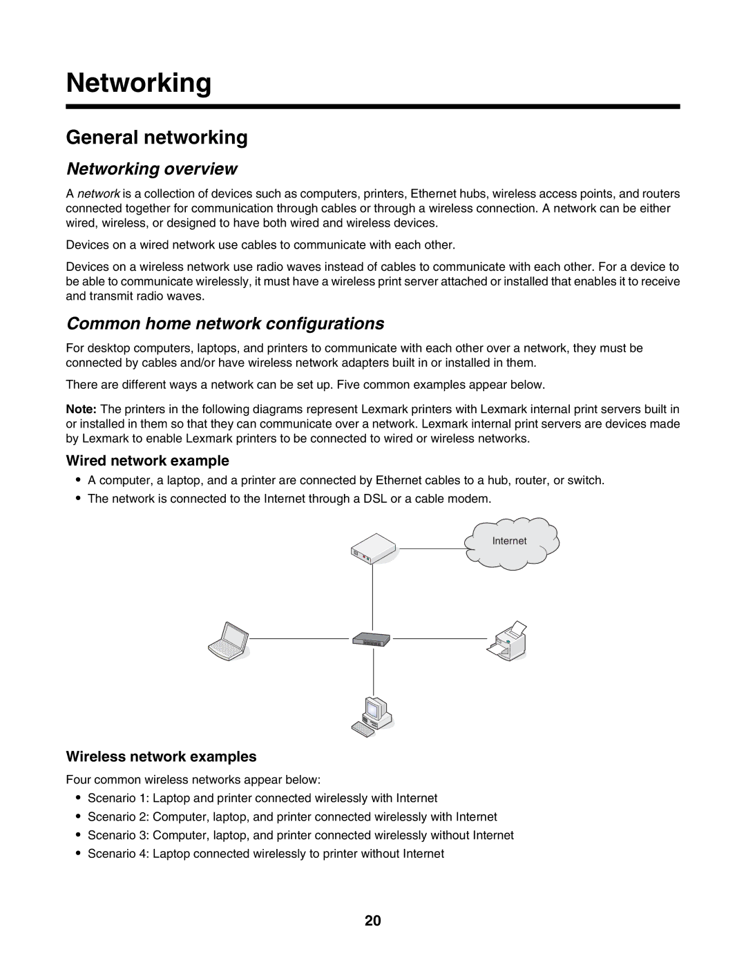 Lexmark 1500 Series manual General networking, Networking overview, Common home network configurations 