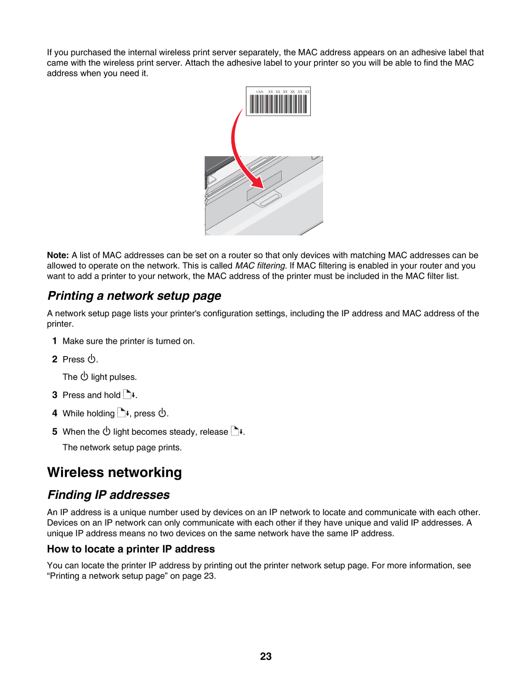 Lexmark 1500 Series manual Wireless networking, Printing a network setup, Finding IP addresses 