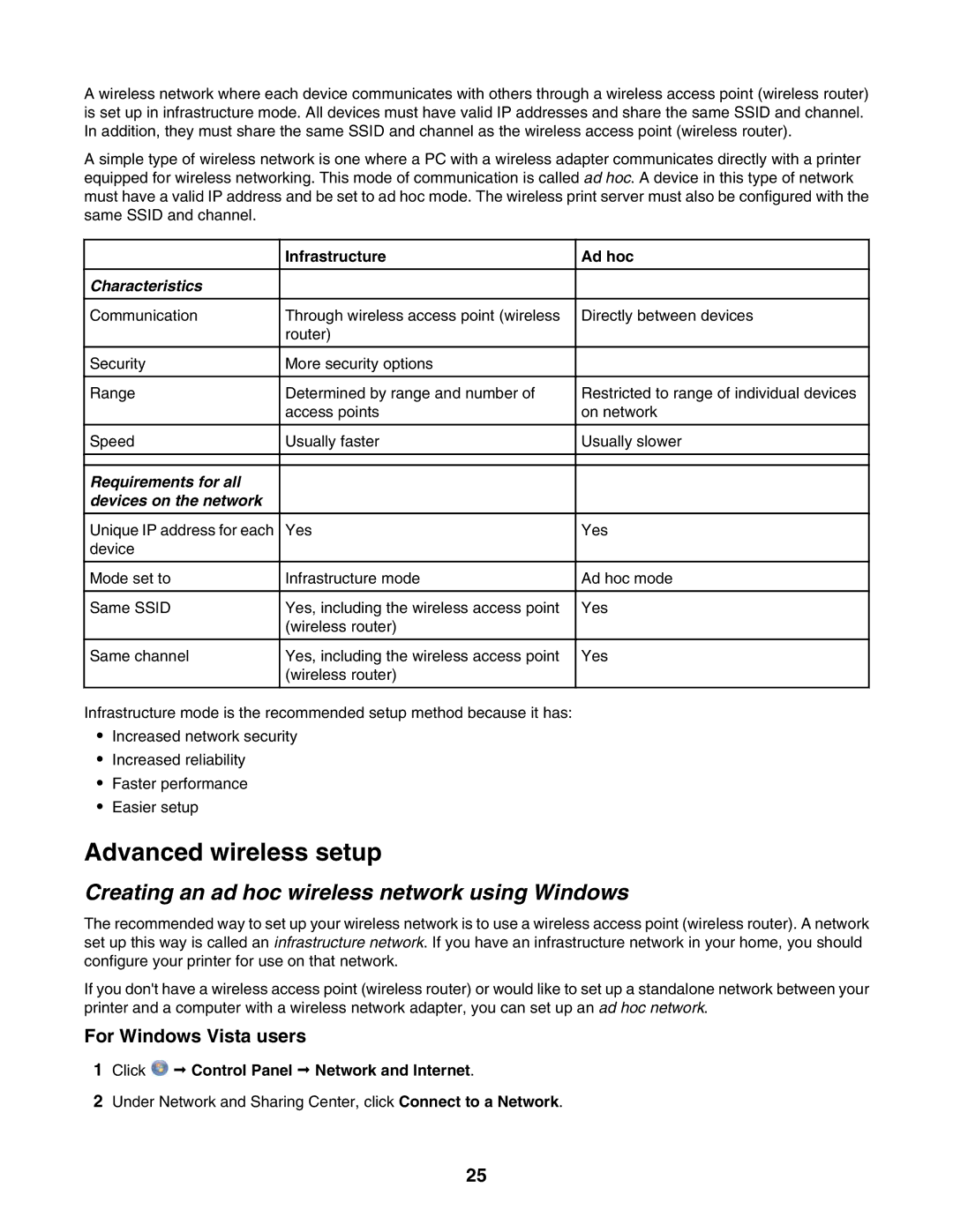 Lexmark 1500 Series Advanced wireless setup, Creating an ad hoc wireless network using Windows, For Windows Vista users 