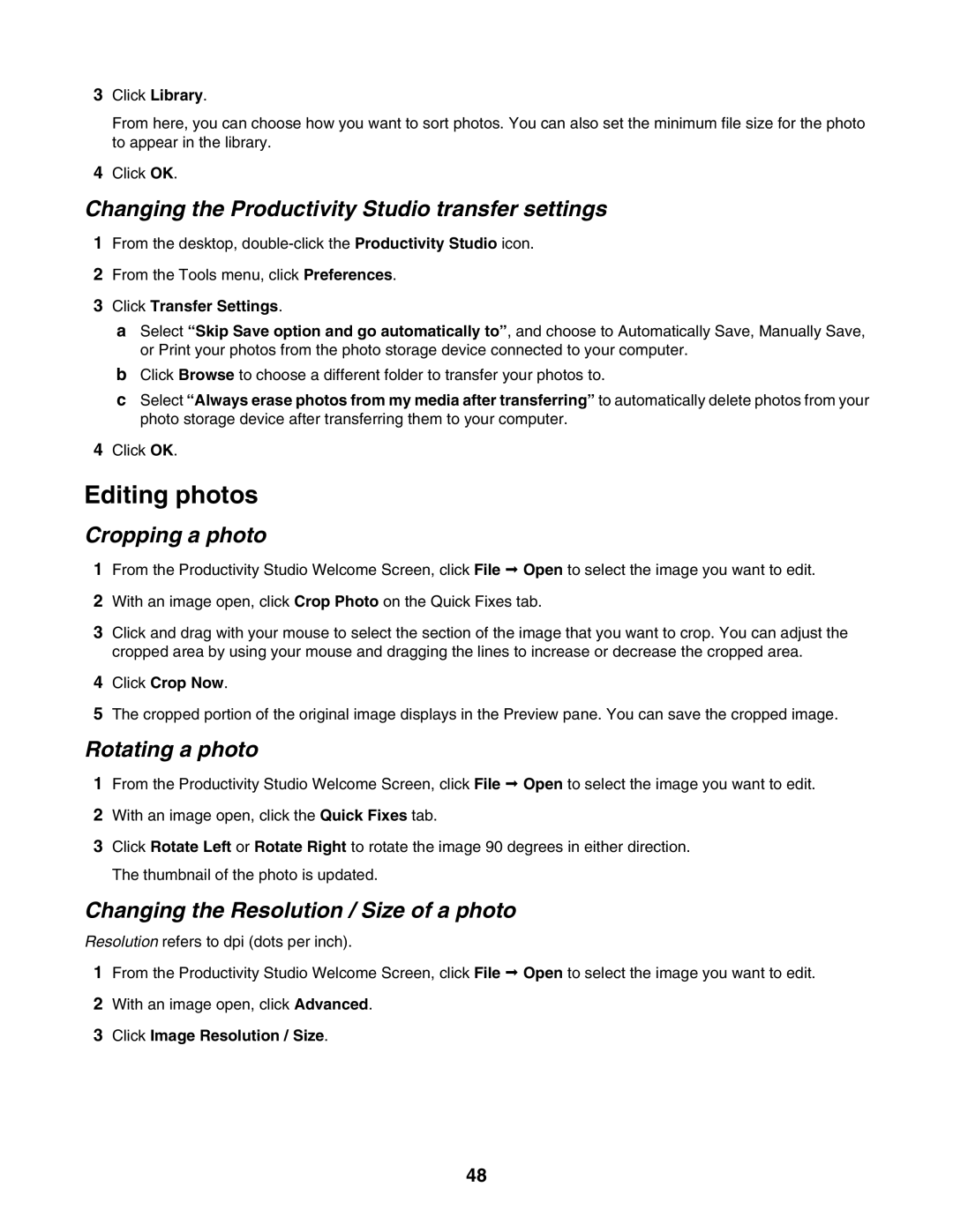 Lexmark 1500 Series Editing photos, Changing the Productivity Studio transfer settings, Cropping a photo, Rotating a photo 