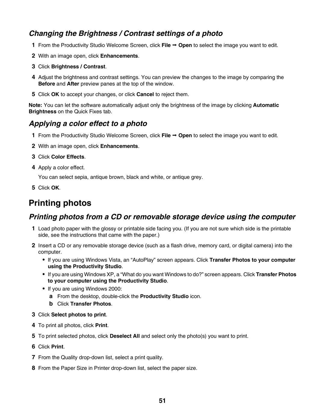 Lexmark 1500 Series manual Printing photos, Changing the Brightness / Contrast settings of a photo 