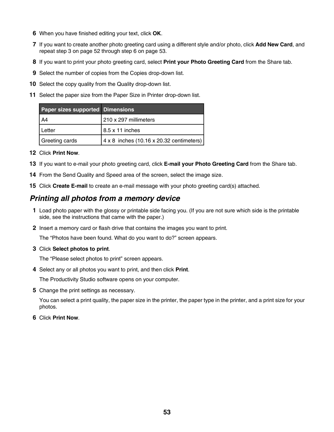 Lexmark 1500 Series manual Printing all photos from a memory device, Paper sizes supported Dimensions 