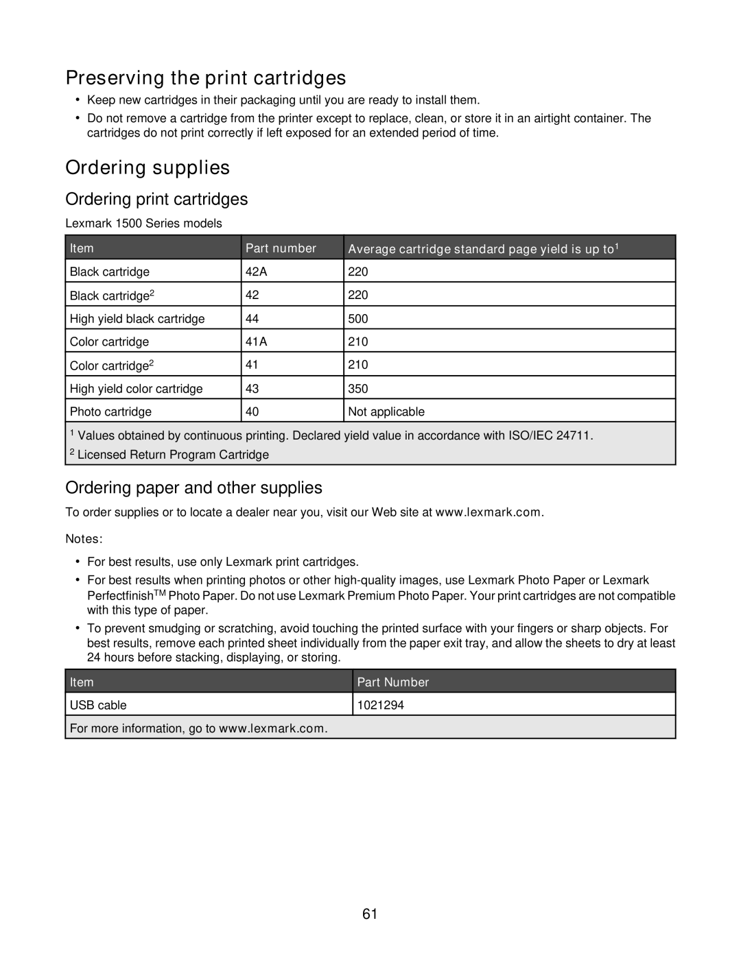 Lexmark 1500 Series manual Preserving the print cartridges, Ordering supplies, Ordering print cartridges 