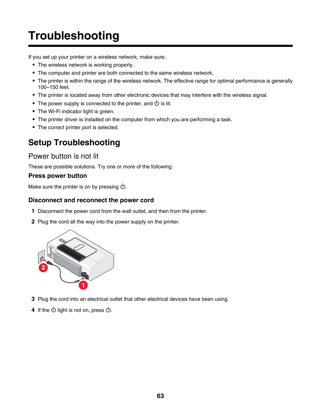 Lexmark 1500 Series manual Setup Troubleshooting, Power button is not lit, Press power button 