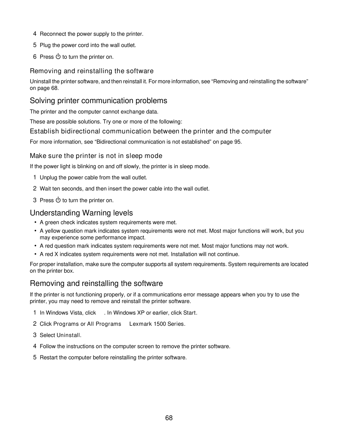 Lexmark 1500 Series manual Solving printer communication problems, Understanding Warning levels 