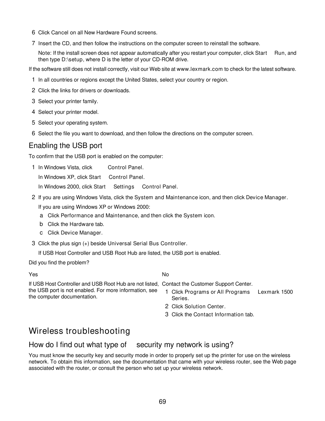 Lexmark 1500 Series Wireless troubleshooting, Enabling the USB port, Windows 2000, click Start Œ Settings Œ Control Panel 