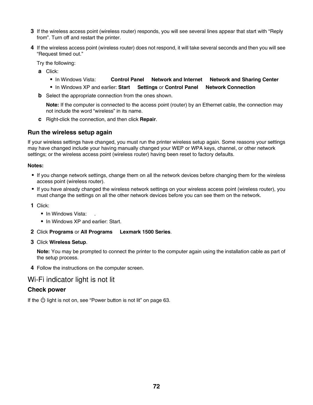 Lexmark 1500 Series manual Wi-Fi indicator light is not lit, Run the wireless setup again 