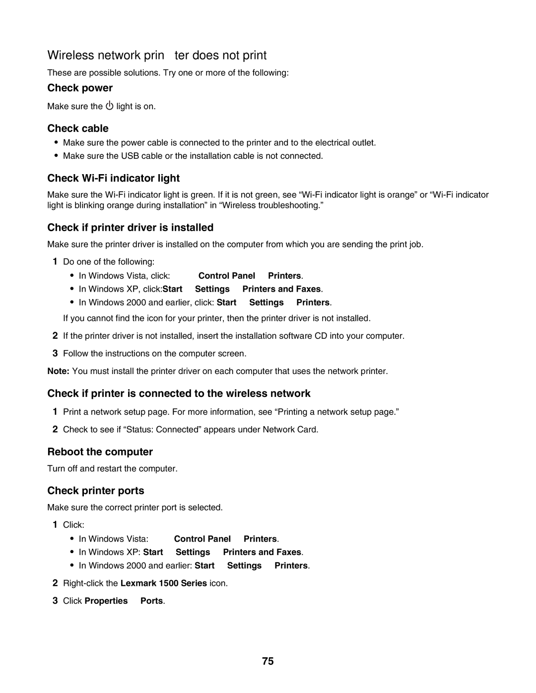 Lexmark 1500 Series manual Wireless network printer does not print 