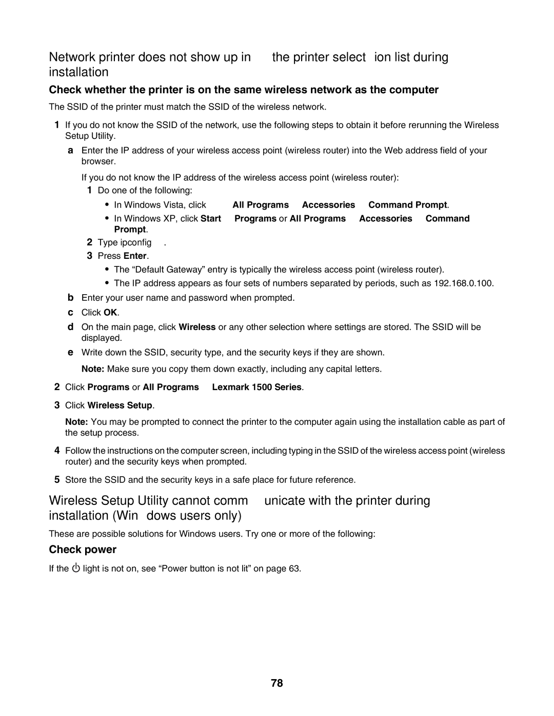 Lexmark 1500 Series manual Type ipconfig 