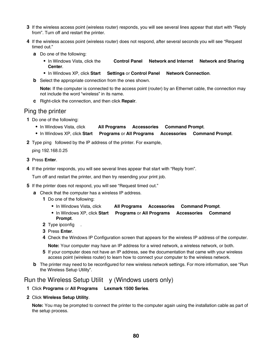 Lexmark 1500 Series manual Ping the printer, Run the Wireless Setup Utility Windows users only 
