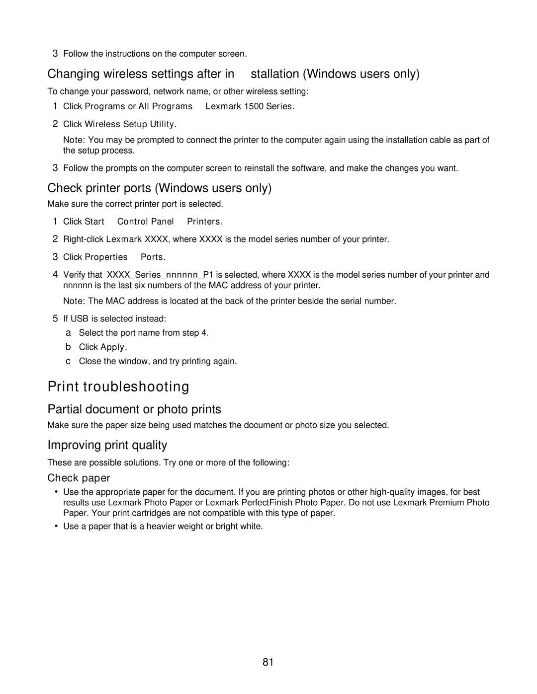 Lexmark 1500 Series manual Print troubleshooting, Check printer ports Windows users only, Partial document or photo prints 