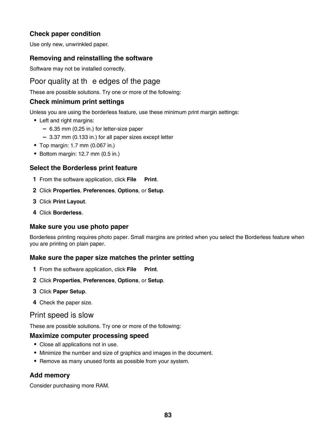 Lexmark 1500 Series manual Poor quality at the edges, Print speed is slow 