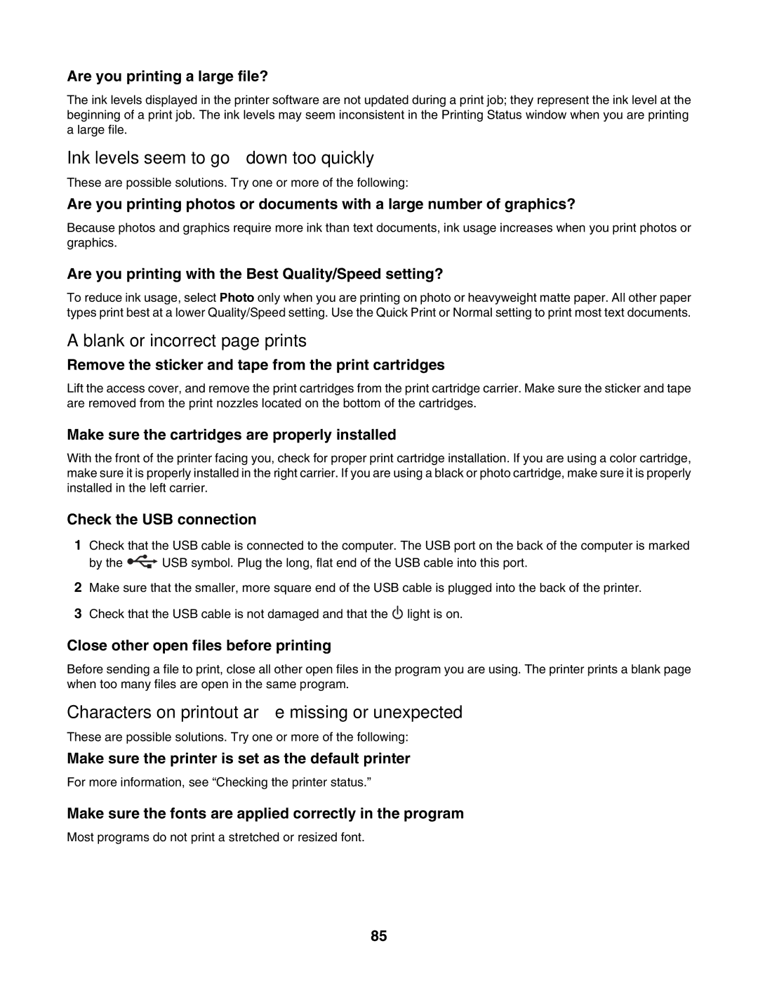 Lexmark 1500 Series manual Ink levels seem to go down too quickly, Blank or incorrect page prints 