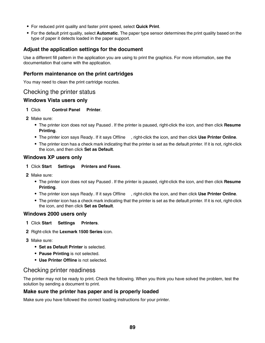 Lexmark 1500 Series manual Checking the printer status, Checking printer readiness 