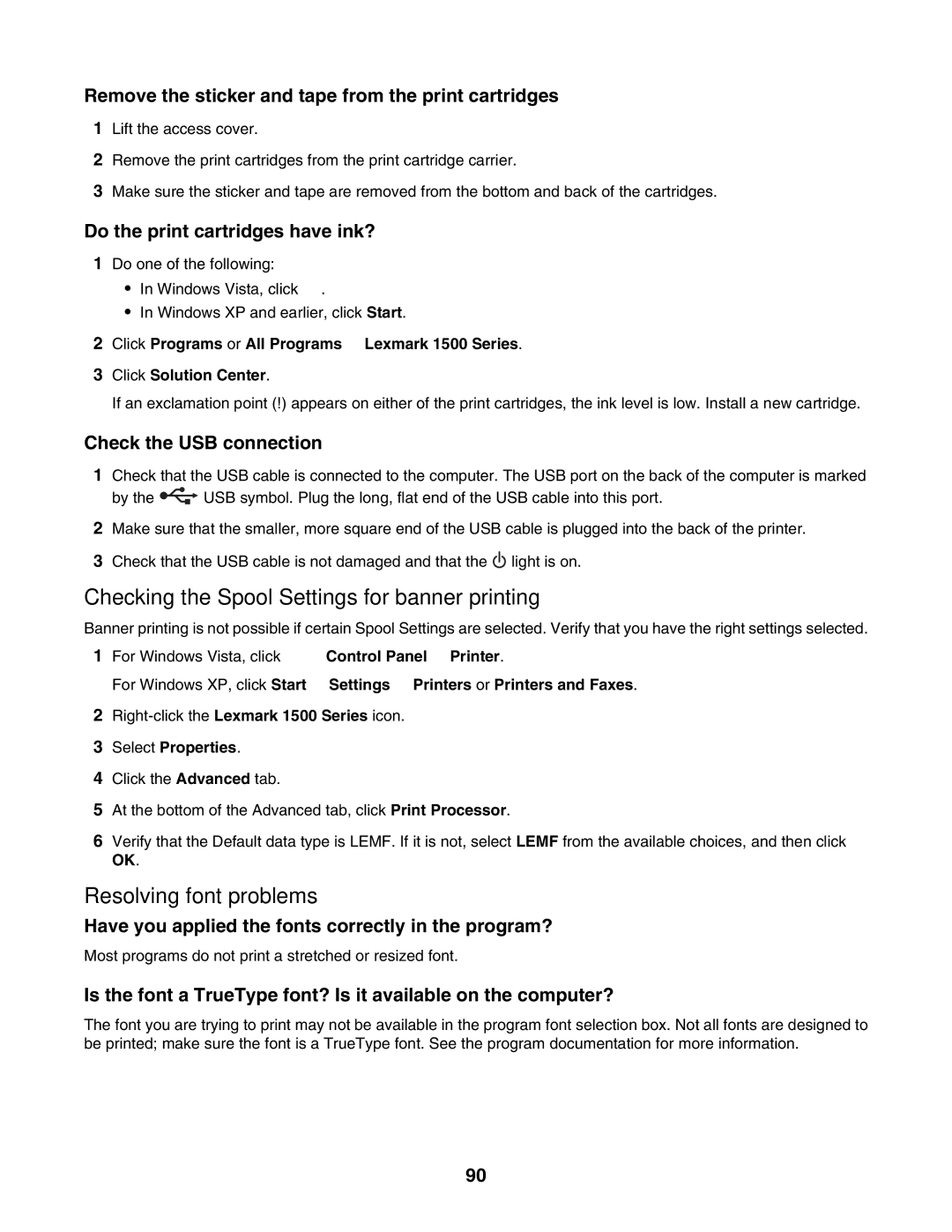 Lexmark 1500 Series manual Checking the Spool Settings for banner printing, Resolving font problems, Select Properties 