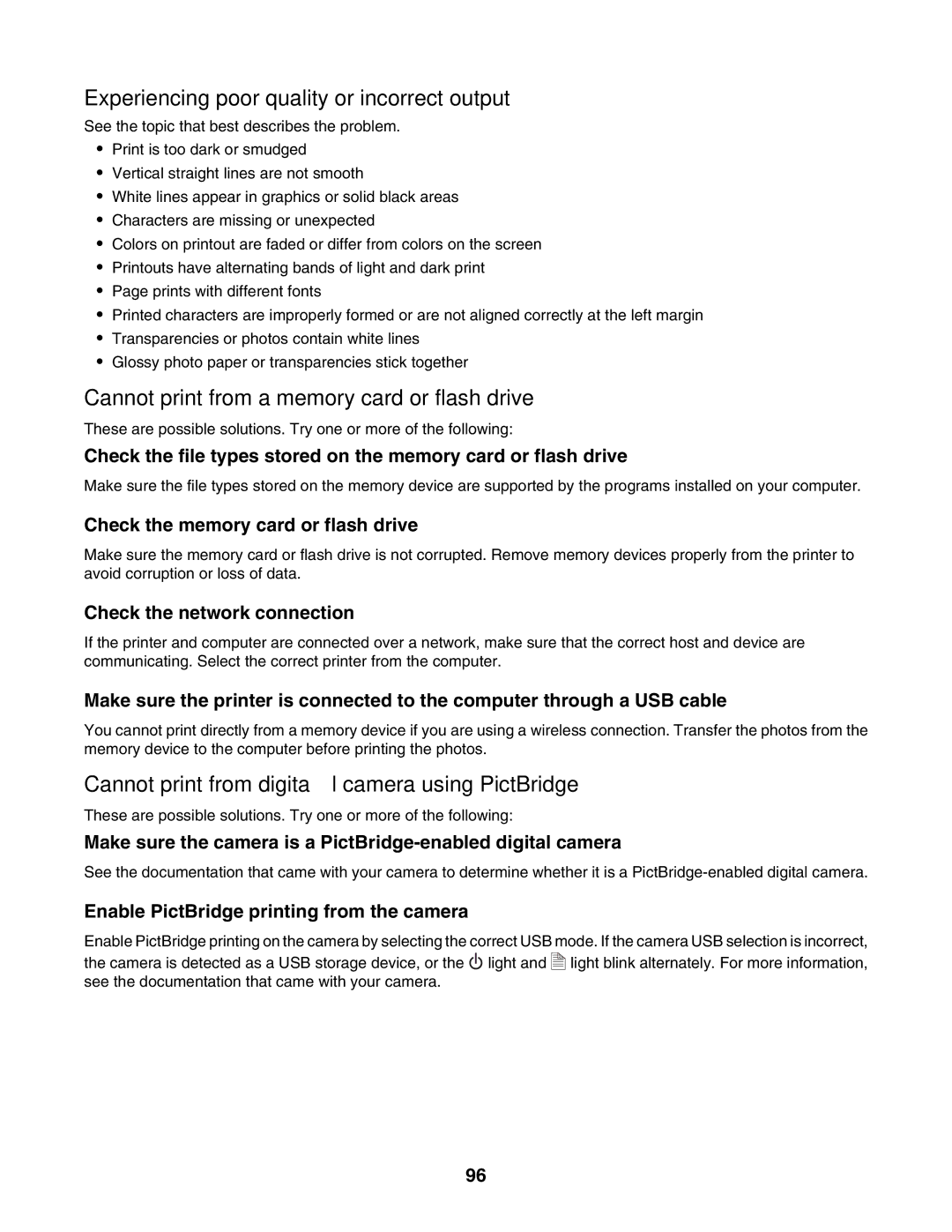 Lexmark 1500 Series manual Experiencing poor quality or incorrect output, Cannot print from a memory card or flash drive 