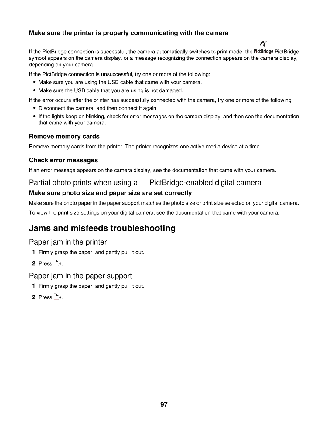 Lexmark 1500 Series manual Jams and misfeeds troubleshooting, Paper jam in the printer, Paper jam in the paper support 