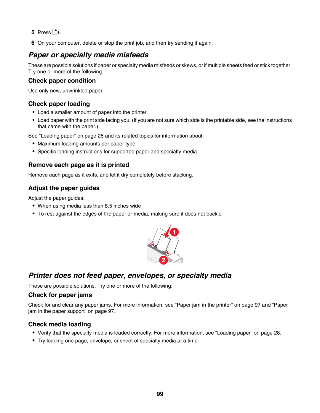 Lexmark 1500 Series manual Paper or specialty media misfeeds, Printer does not feed paper, envelopes, or specialty media 