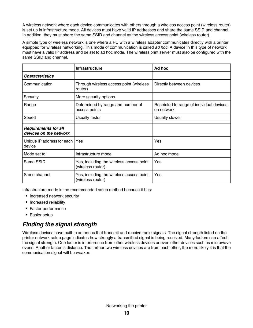 Lexmark 1500 manual Finding the signal strength, Infrastructure, Ad hoc 