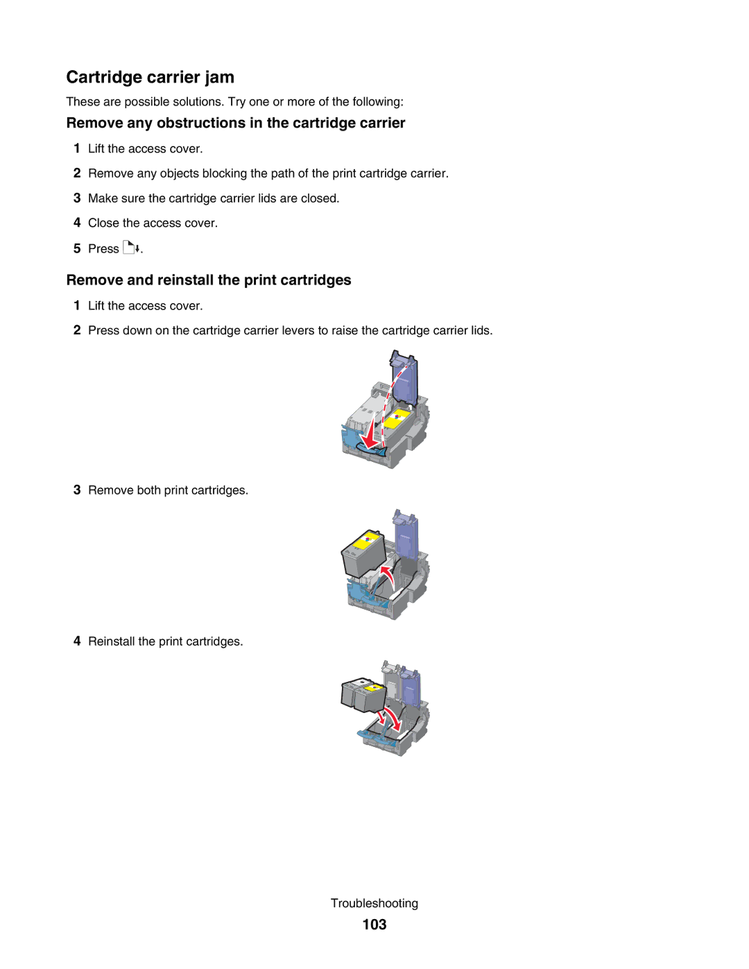 Lexmark 1500 manual Remove any obstructions in the cartridge carrier, Remove and reinstall the print cartridges, 103 